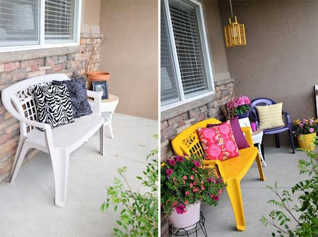 Nếu hiên, bậc thềm nhà hẹp, bạn có thể chỉ cần sử dụng chiếc ghế dài, cùng vài chiếc gối tựa màu sắc là đã có một nơi ngồi nghỉ êm ái, thư giãn.