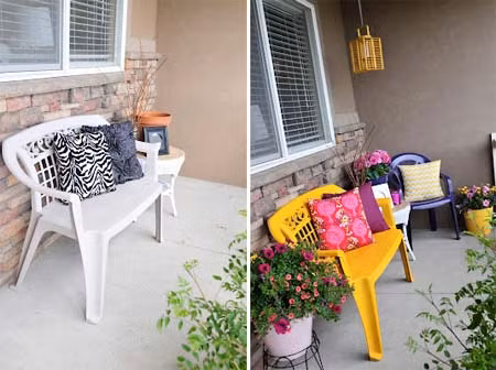 Nếu hiên, bậc thềm nhà hẹp, bạn có thể chỉ cần sử dụng chiếc ghế dài, cùng vài chiếc gối tựa màu sắc là đã có một nơi ngồi nghỉ êm ái, thư giãn.