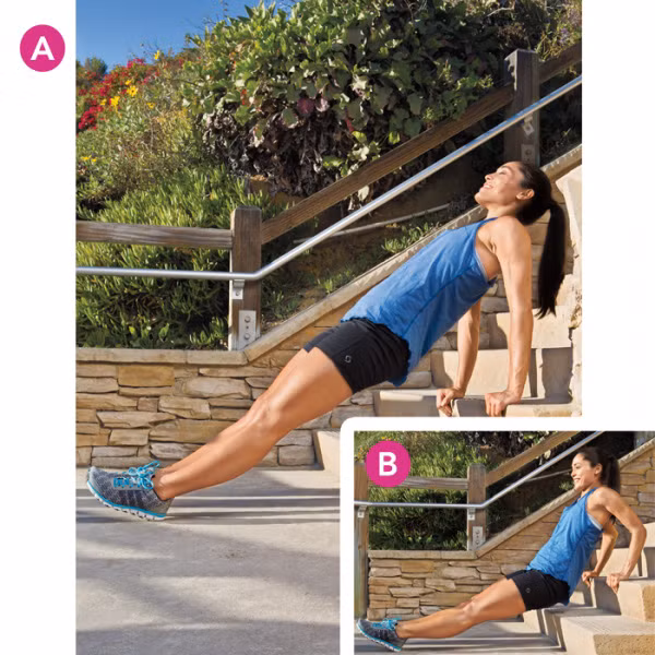 Nhún người trên bậc thang là bài tập đơn giản mà bạn có thể thực hiện ngay tại nhà. Để thực hiện bài tập này, bạn ngồi ở chân cầu thang, đặt tay lên bậc thang thứ 2, từ từ nâng cơ thể lên đồng thời giữ cho cánh tay thẳng, vuông góc với sàn cầu thang. Lặp đi lặp lại động tác này trong vòng 10 phút mỗi ngày sẽ giúp cho phần hông và bụng trở nên săn chắc.