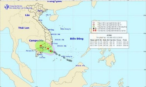 Hướng di chuyển của áp thấp nhiệt đới gần bờ - Ảnh: Trung tâm khí tượng thủy văn Trung ương
