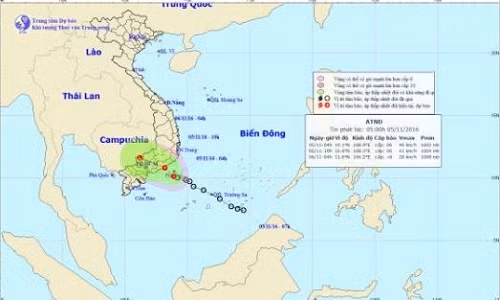 Hướng di chuyển của áp thấp nhiệt đới gần bờ - Ảnh: Trung tâm khí tượng thủy văn Trung ương