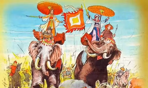 Hai Bà Trưng cưỡi voi cầm quân đánh giặc. Tranh minh họa: YouTube.