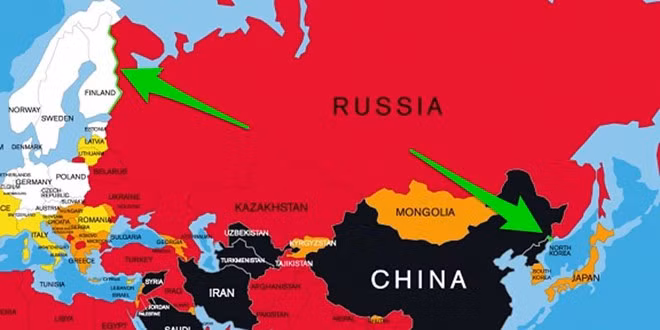 Triều Tiên và Phần Lan được ngăn cách bởi Nga. Nguyên do là vì Nga có chung đường biên giới dài 17 km với Triều Tiên và dài 1.300 km với Phần Lan.