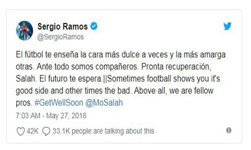 Dòng tweet mà Sergio Ramos chia sẻ trên mạng xã hội.