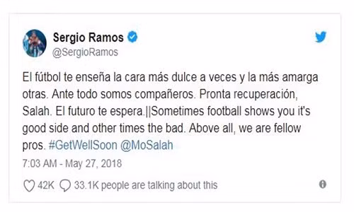 Dòng tweet mà Sergio Ramos chia sẻ trên mạng xã hội.