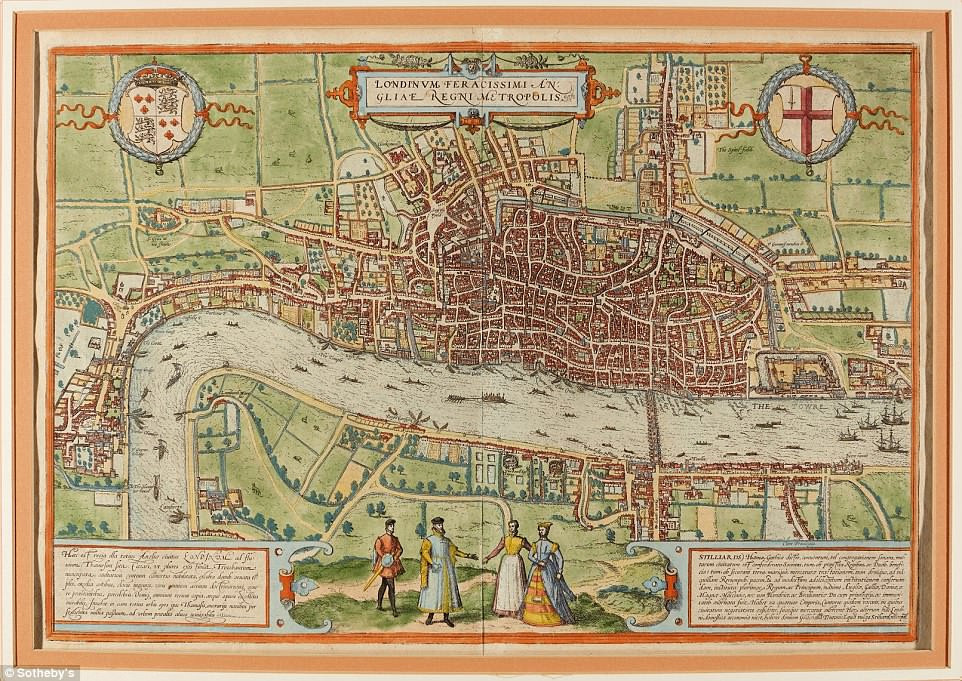 Tấm bản đồ cổ vẽ thủ đô London, Anh. Trong tấm bản đồ, nhiều công trình nổi tiếng ở thành phố này được ghi chú.