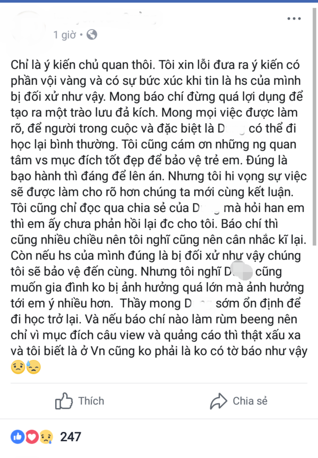 Dòng trạng thái của thầy N.V.Q đang được chia sẻ liên tục trên các trang mạng xã hội.