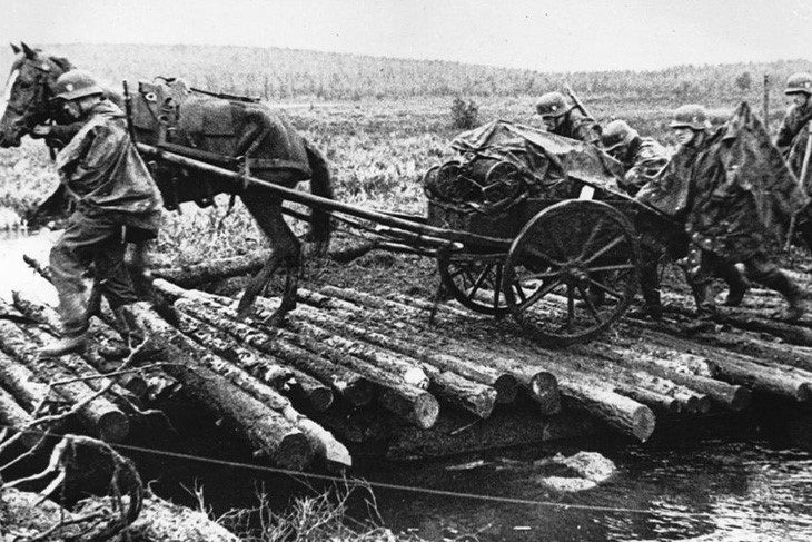 Lính Đức dùng xe ngựa để chuyển đồ qua một khu vực lầy lội trên bán đảo Kola. Ảnh: AP