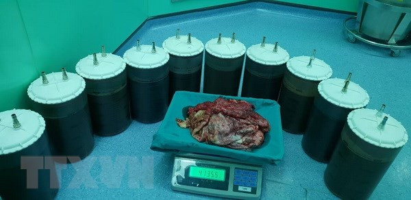48l dịch và 3,1kg vỏ bao của khối u được các bác sỹ lấy ra khỏi cơ thể bệnh nhân Đ.T.T. (Ảnh:TTXVN/phát)