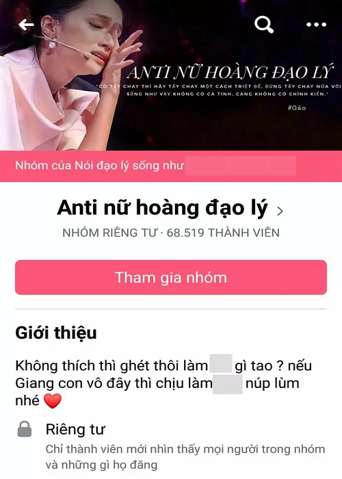 Từ được yêu thích, năm 2020, Hương Giang bị antifan tẩy chay. Một nhóm antifan Hương Giang đã được lập nên với hơn 100.000 thành viên. Các antifan để lại những lời bình luận theo hướng tiêu cực, cho rằng cô “rao giảng đạo lý trên các chương trình truyền hình". Ảnh: Vietnamnet.
