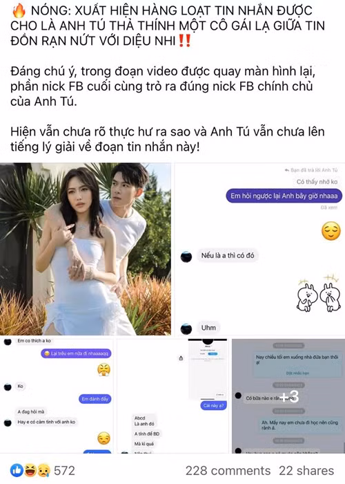 Gần đây, Diệu Nhi đăng tải nhiều dòng trạng thái lạ. Mới nhất, cư dân mạng lan truyền loạt ảnh chụp tin nhắn từ tài khoản Facebook có tên Anh Tú Bùi, "thả thính" một cô gái lạ từ tháng 3/2022 đến tháng 4/2023. Không ít người đặt nghi vấn tài khoản Anh Tú Bùi là của diễn viên Anh Tú. Ảnh: Người Đưa Tin.