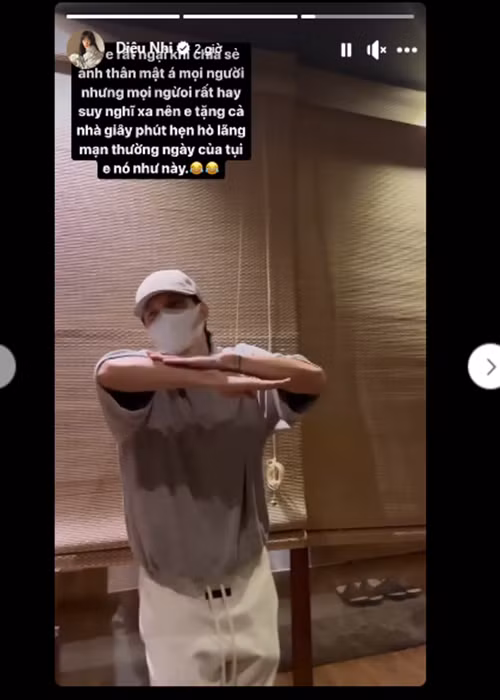 Về phần mình, Diệu Nhi cho biết, trên trang cá nhân, cô tập hợp các trích dẫn mà cô tâm đắc để chia sẻ với khán giả, chứ không ẩn ý hay đề cập gì đến chuyện gia đình của mình. Ngoài ra, nữ diễn viên còn đăng tải clip Anh Tú nhảy. Cô nhắn nhủ người hâm mộ: "Em rất ngại khi chia sẻ hình ảnh thân mật nhưng mọi người rất hay suy nghĩ xa nên em tặng cả nhà giây phút hẹn hò lãng mạn thường ngày của tụi em như này". Ảnh chụp màn hình.