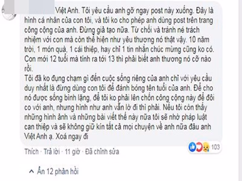 Năm 2019, Việt Anh công khai ảnh con gái đầu lòng đã 10 năm không gặp. Ở phần bình luận, một tài khoản tên Y.H được cho là vợ cũ Việt Anh tố nam diễn viên thiếu trách nhiệm với con. Ảnh chụp màn hình.