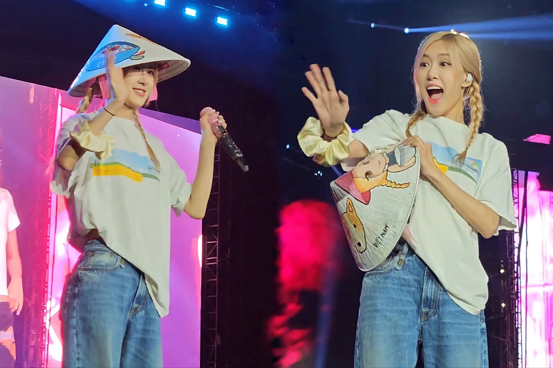 Rosé cũng đội nón lá Việt Nam trong buổi soundcheck tại Mỹ. Ảnh: Arttimes.