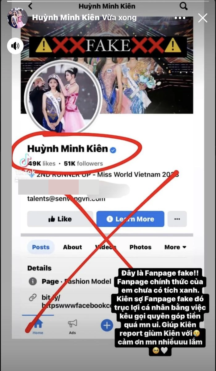 Sau khi trở thành á hậu, Minh Kiên bị giả mạo trên Facebook. Người đẹp vừa lên tiếng cảnh báo khán giả vì sợ fanpage giả mạo kêu gọi quyên góp để trục lợi cá nhân. Ảnh: Phụ Nữ Việt Nam.