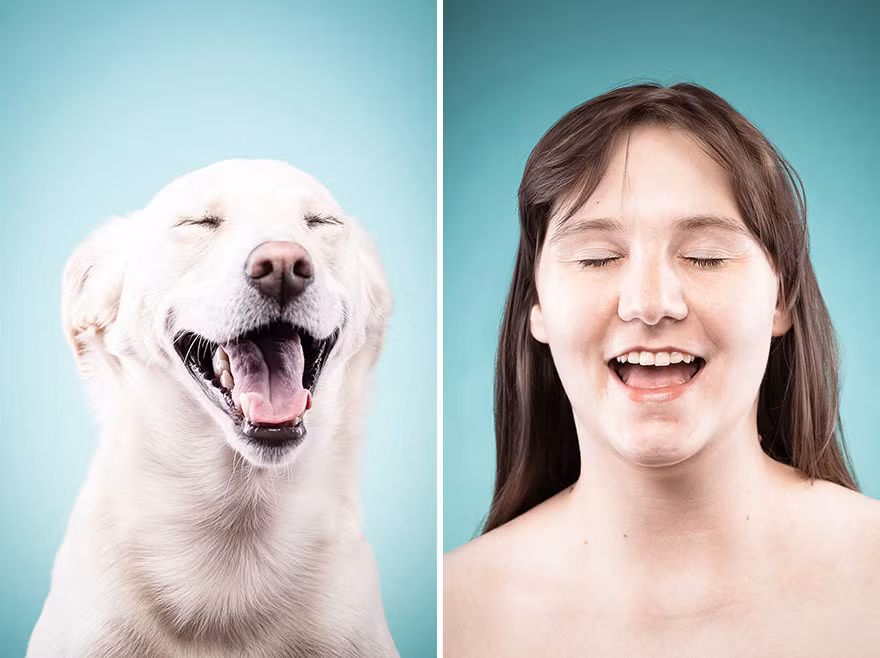 Điệu cười híp mắt khi vui sướng của chú chó và cô chủ như đúc cùng một khuôn ra vậy.