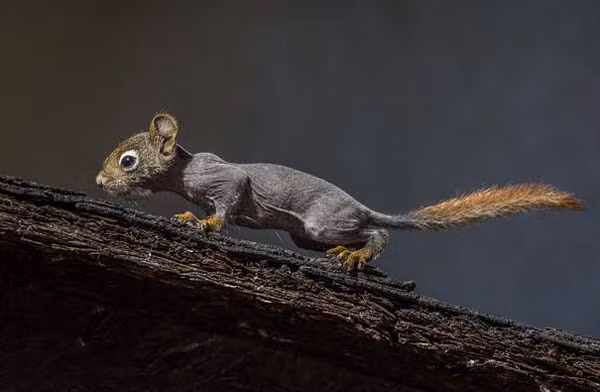 Không rõ nguyên nhân chú sóc này bị hói nhưng cơ thể chỉ phủ một lớp da màu xám khiến người ta không thể nhận ra loài của chú nếu chỉ nhìn thoáng qua.