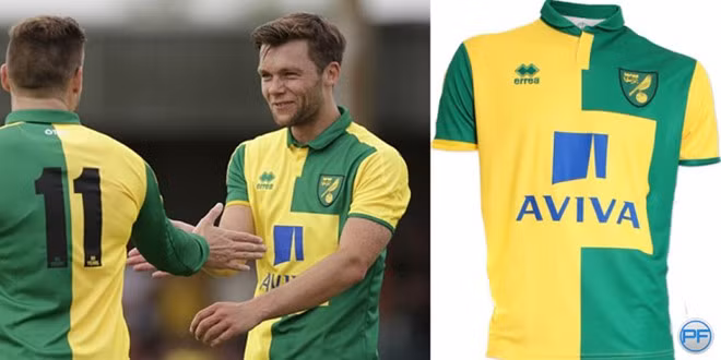 9. Norwich City: Đội bóng vừa thăng hạng Premier League ra mắt mẫu áo mới cuối tháng 7. Chúng được thiết kế theo hai mảng màu đối lập, xanh lá và vàng. Người hâm mộ CLB không thích thiết kế trang phục này. Họ nói rằng trông nó giống bộ đồ Giáng sinh, số khác thậm chí ví chúng như rác lá. Đáng nói, cả ba trang phục của Norwich mùa này đều lấy tông màu xanh lá và vàng làm chủ đạo.