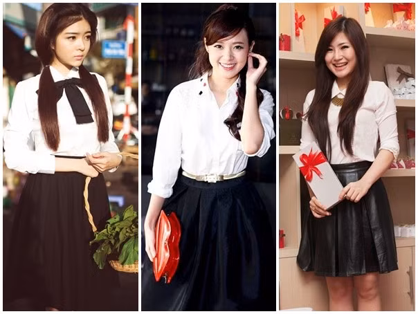 Lily Luta, Midu, Hương Tràm cũng là tín đồ của mốt học đường. Trong ảnh, các hot girl làng giải trí Việt mix-match hợp tông với sắc màu đen trắng, áo sơ-mi ăn ý cùng chân váy xếp ly tối màu rất đặc trưng của thời trung học. Ảnh: Alexz, FBNV, Alec 