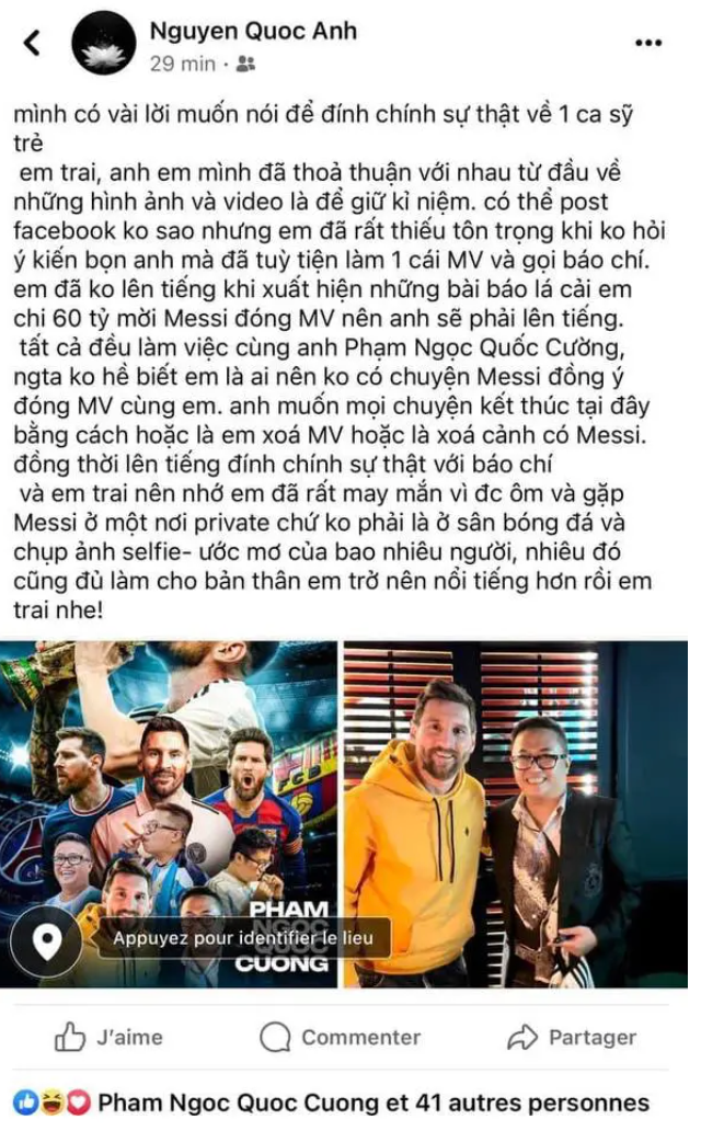Jack không hỏi đã tùy tiện đưa hình ảnh Messi vào MV và liên hệ báo chí đưa tin. Jack đã không lên tiếng ngay khi có tin đồn chi 60 tỷ để mời Messi đóng MV.