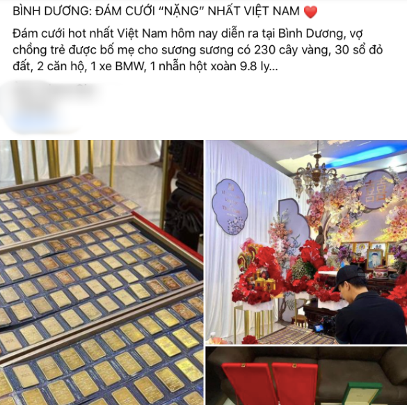 Mới đây, những hình ảnh về đám cưới ở Bình Dương với màn trao quà cưới "khủng" giữa hai bên thông gia gây chú ý trên MXH. Netizen còn nhận xét rằng đám cưới này là "độc lạ" bởi hai bên gia đình nhà trai nhà gái chẳng ai kém ai.