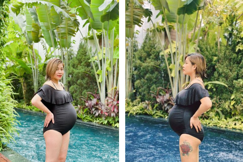 Bộ áo tắm của nữ MC ôm lấy đường cong, khoe vóng dáng không quá "phát tướng" dù đã cận kề sinh nở.