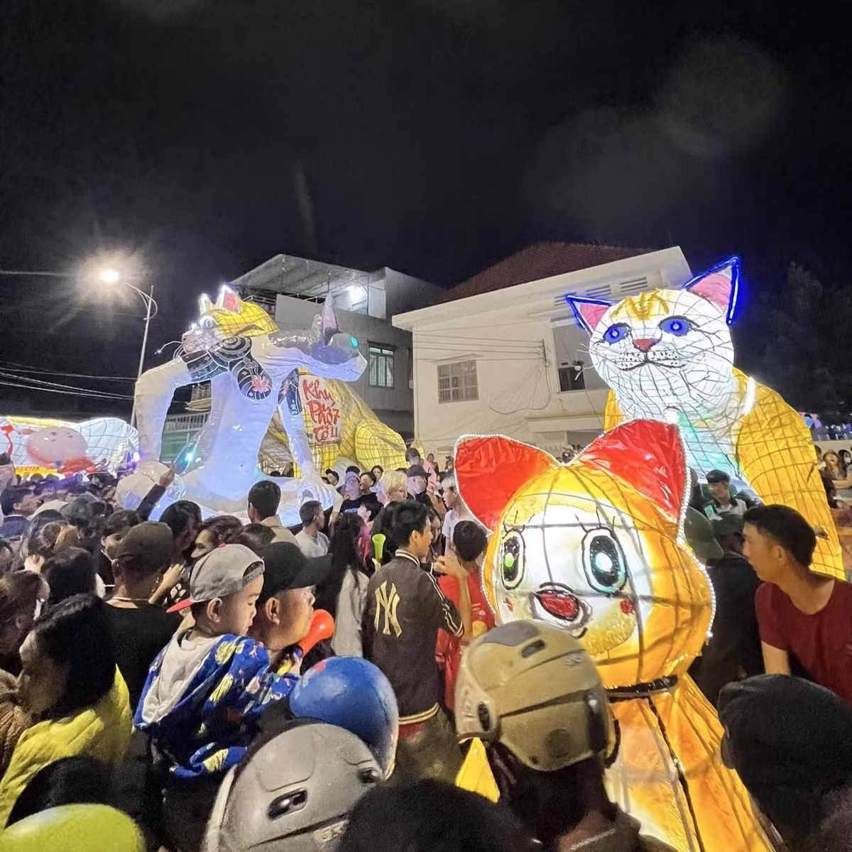 Từ hoạt động này mà trên MXH xuất hiện nhiều hình ảnh người dân chụp lại những mô hình đèn Trung thu linh vật mèo, với kích cỡ khổng lồ được diễu hành khắp phố.