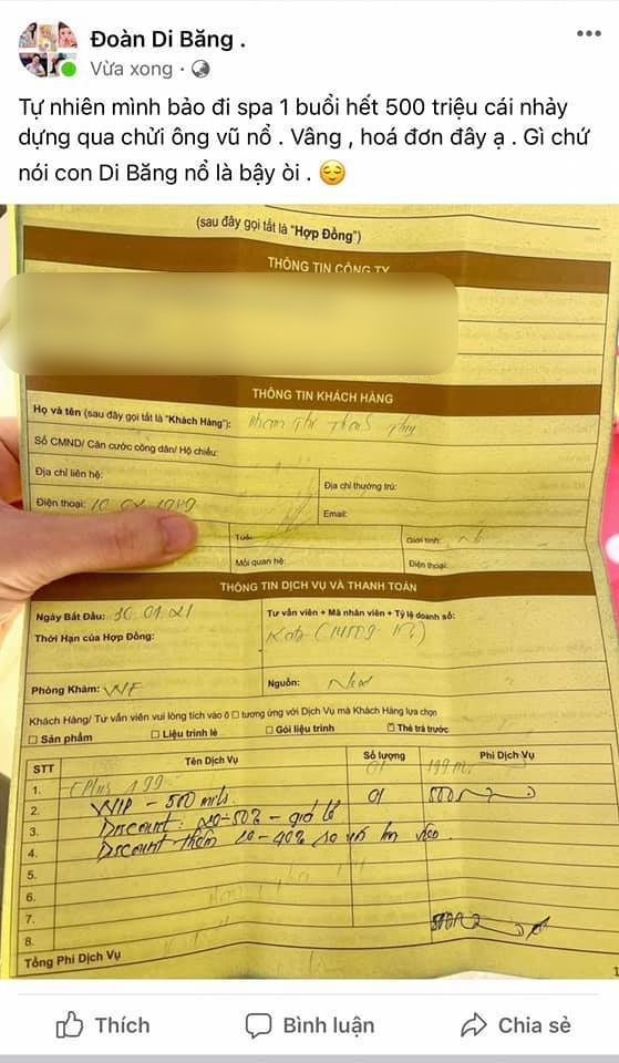 Còn nhớ trước đó nữ đại gia Đoàn Di Băng khiến bao người lóa mắt khi tiết lộ một lần đi spa của cô có giá lên đến 500 triệu đồng. Bởi lẽ chi quá nhiều tiền vào làm đẹp nên cô rất tự tin chia sẻ hình ảnh mặt mộc của mình lên MXH.