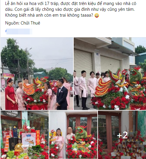 Mới đây, mạng xã hội rần rần chia sẻ những hình ảnh về dàn tráp đám hỏi rồng phượng siêu khủng của cô dâu Bắc Giang. Khác với những đám khác, đám hỏi này lại đầu tư đến 17 tráp vô cùng hoành tráng.