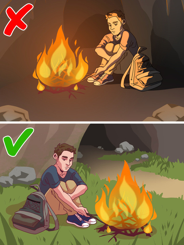 Đừng bao giờ nhóm lửa trong hang: Đừng bao giờ dại dột mà nhóm lửa trong hang động. Nhiệt độ từ lửa có thể khiến đá bị giãn nở, do đó có thể khiến đá trong hang bị nứt. Nếu cần nhóm lửa, hãy dựng ở bên ngoài. 