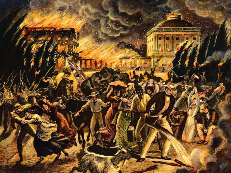 Sau khi tiến vào thủ đô Washington, lực lượng Anh đốt phá, phóng hỏa Nhà Trắng, tòa nhà Quốc hội cùng nhiều công trình quan trọng khác của Mỹ.