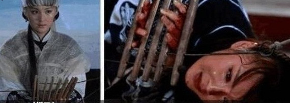 Hình cụ kẹp ngón tay được thiết kế với các thanh gỗ được kết nối với nhau bằng những sợi dây.