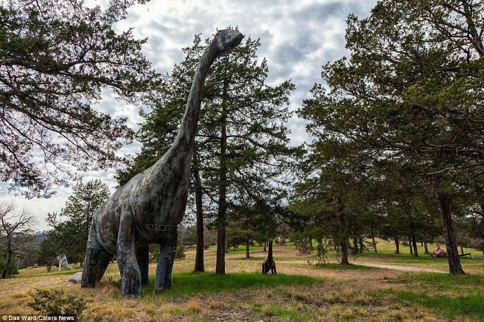 Một mô hình bản sao của loài khủng long cổ dài Diplodocus , lừng lững giữa rừng cây, gần đó còn có nhiều mô hình những con trong đàn của nó.