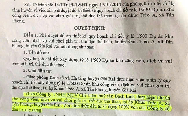 Quyết định do ông Đỗ Minh Thắng, khi đó là Phó Chủ tịch UBND huyện Giá Rai ký đã giao luôn cho Công ty Bạch Linh thực hiện dự án, dù chưa có phương án tổ chức đấu giá. Ảnh: Hoàng Hạnh