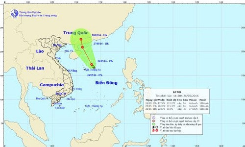 Sơ đồ đường đi của áp thấp nhiệt đới. Ảnh: Trung tâm Dự báo Khí tượng Thủy văn Trung ương.