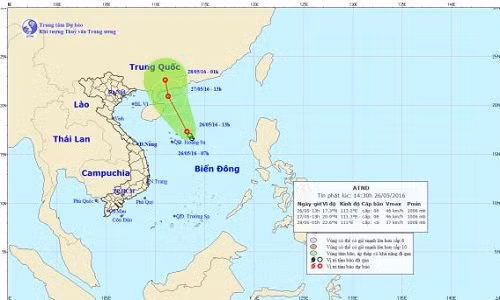 Sơ đồ đường đi của áp thấp nhiệt đới. Ảnh: Trung tâm Dự báo Khí tượng Thủy văn Trung ương.