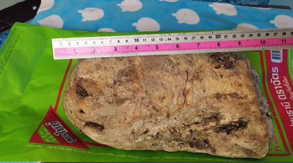 Vật thể mà ông tìm thấy nặng 3,4kg, dày 15cm và dài 25cm. Theo đề xuất của người thân, ông đã thử nghiệm đốt mẫu vật và thấy rằng khối vật thể tan chảy dưới tác động của nhiệt, giống như long diên hương. Để xác định chính xác, ông đã báo cáo sự việc cho cảnh sát. Cảnh sát liên hệ với các chuyên gia ở Bangkok để xác định loại vật thể này.