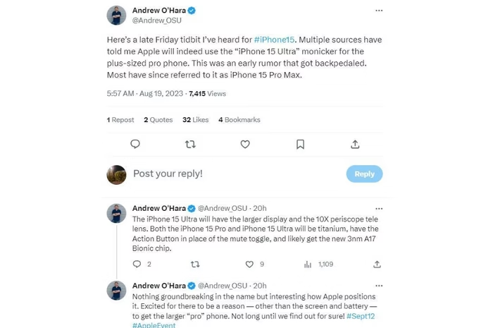 Theo thông tin từ Andrew O'Hara, một nguồn tin uy tín từ Apple Insider, iPhone 15 Ultra đang được xem là phiên bản nhiếp ảnh cực phẩm của Apple, vượt trội hơn cả chiếc iPhone 15 Pro Max.