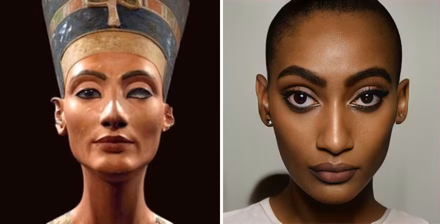 6. Neferneferuaten Nefertiti là một nữ hoàng trong triều đại thứ 18 của Ai Cập cổ đại và là vợ của Pharaoh Akhenaten. Bà được cho là đã cùng với chồng tạo ra một cuộc cách mạng tôn giáo khi chỉ tôn thờ một vị thần duy nhất Aten, cũng như giúp đây trở thành thời kỳ giàu có nhất của lịch sử Ai Cập cổ đại. Nhờ AI, chúng ta có thể chiêm ngưỡng hình ảnh hiện đại của nữ hoàng, vô cùng cá tính.