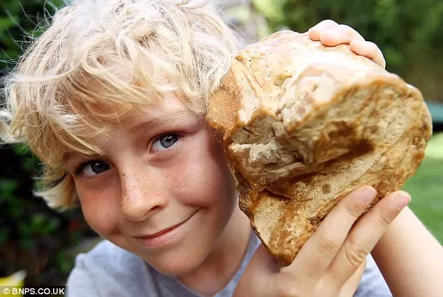 Cậu bé may mắn này tên là Charlie Naysmith, 8 tuổi, người New Zealand. " Kho báu" mà cậu bé nhặt được có hình dáng như một cục đá, màu vàng xen lẫn trắng.