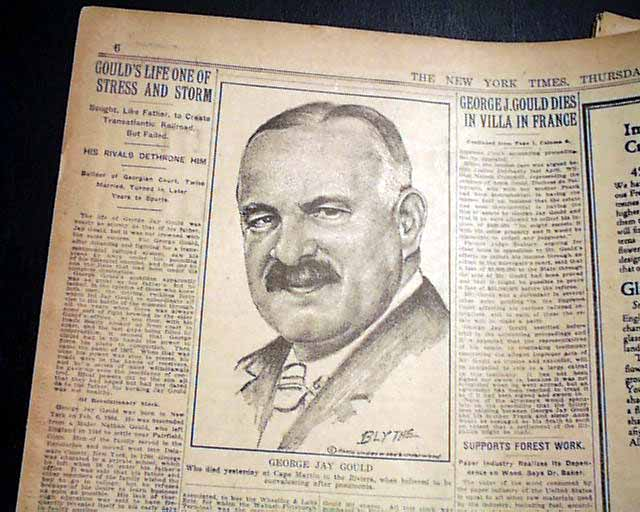 Ông George Jay Gould, một tài phiệt Mỹ, viếng thăm ngôi mộ và sau đó qua đời vì viêm phổi.