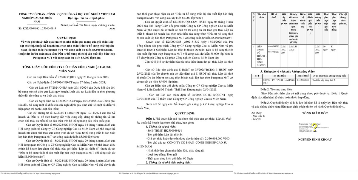 Nang luc nha thau trung goi lap dat thiet bi cua Cao su mien Nam