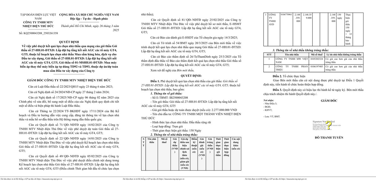 Nhiet dien Thu Duc: Cty Thiet bi dien Viet Nam trung thau 2 goi hon 6 ty