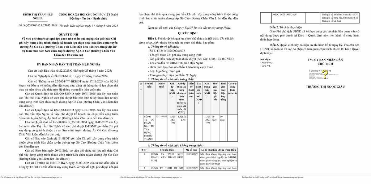 Long An: Cty Phuoc Thanh trung goi thau sua chua duong Ap Go Cao