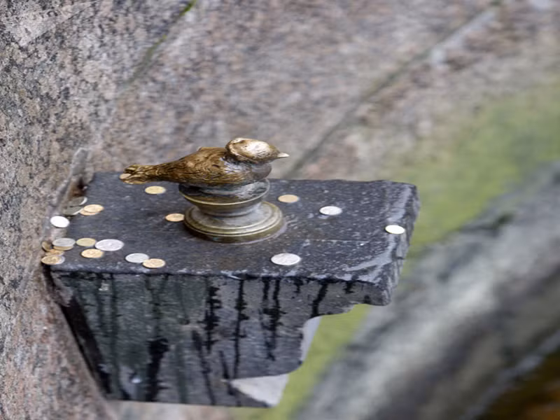 Tượng chú chim may mắn Chizhik-Pyzhik ở thành phố Saint Petersburg. Ảnh: Sputnik.