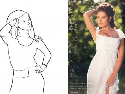 Cho tay ra sau đầu, bức ảnh sẽ đẹp hơn khi bạn mặc những bộ đồ bó sát khoe thân hình đẹp hay những váy đơn giản, basic. Có thể kéo váy lên một chút như người mẫu để tăng thêm sự quyến rũ.