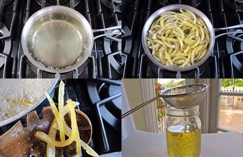 Làm mứt vỏ chanh cũng tương tự. Vỏ chanh bạn thái nhỏ thành sợi sau đó mang đi luộc sơ qua khoảng 2 lần cho bớt vị đắng. Ảnh: Monngonmoingay.