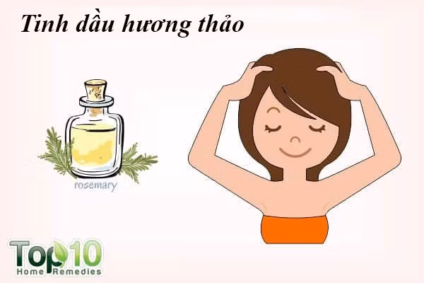 Tinh dầu hương thảo: Massage da đầu giúp kích thích nang tóc để tăng trưởng tóc. Thêm tinh dầu hương thảo khi gội đầu sẽ giúp ngăn ngừa tóc mỏng và hói đầu. Tinh dầu hương thảo rất tốt cho mái tóc vì nó có đặc tính chống oxy hóa giúp tăng trưởng tóc. Nó cũng làm sạch da đầu, loại bỏ vi khuẩn, do đó ngăn ngừa ngứa da đầu và gàu.