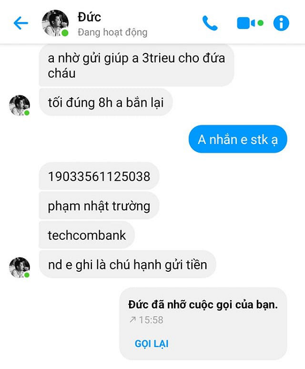 Tài khoản Facebook bị đánh cắp sau đó sẽ được giới tội phạm mạng sử dụng để chat với bạn bè của nạn nhân, nhờ vả chuyển tiền vào một tài khoản khác (không phải số tài khoản của người bị mất nick Facebook) vì đang có việc khẩn cấp. Nhiều người cả tin đã bị lừa chuyển tiền cho tội phạm.