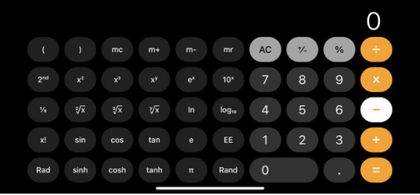 Ngoài ra, nếu chuyển điện thoại sang màn hình ngang, phiên bản máy tính khoa học phức tạp sẽ hiện ra, bao gồm nhiều tính năng cao cấp hơn nếu người dùng cần sử dụng.